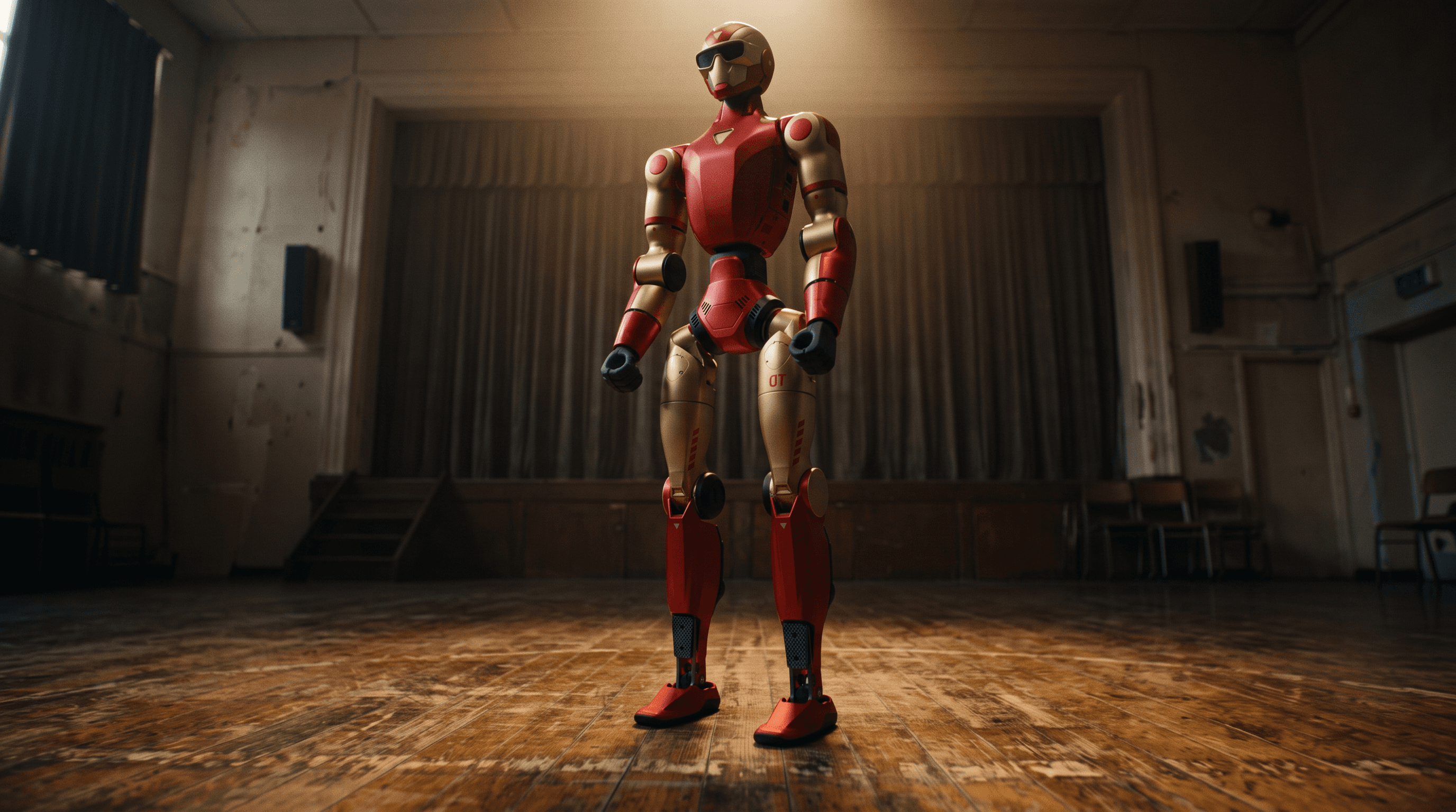 Red humanoid standing in a dim hall, concept visualization